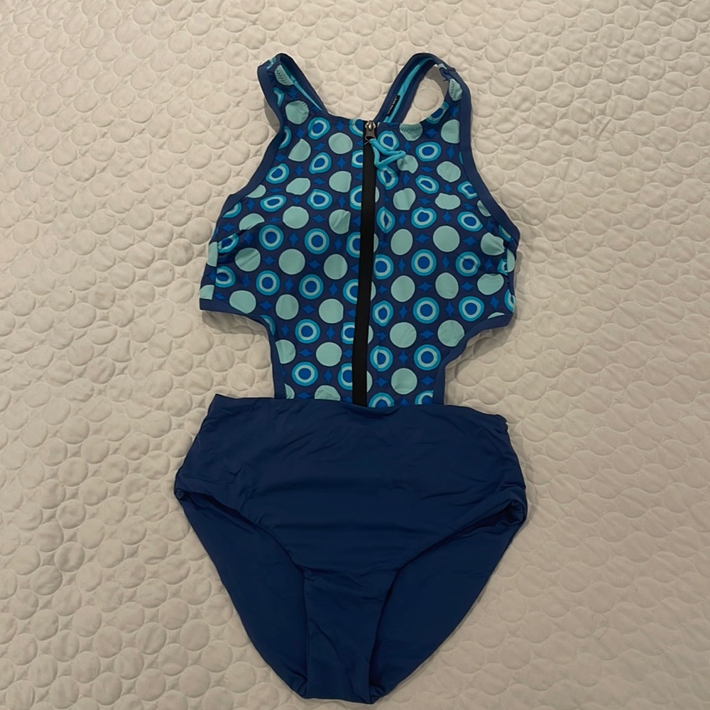 NWOT WAVE LIFE small one piece swim cutout front zipper high waist polka dot